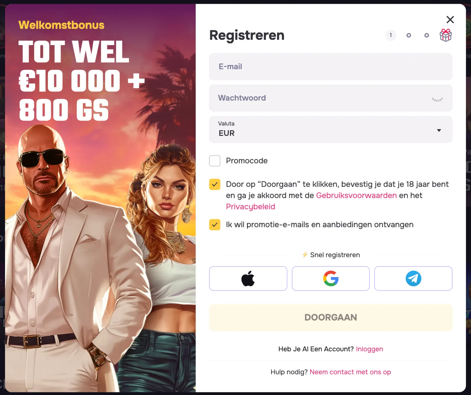 Registration form for a new account at gtbet Casino